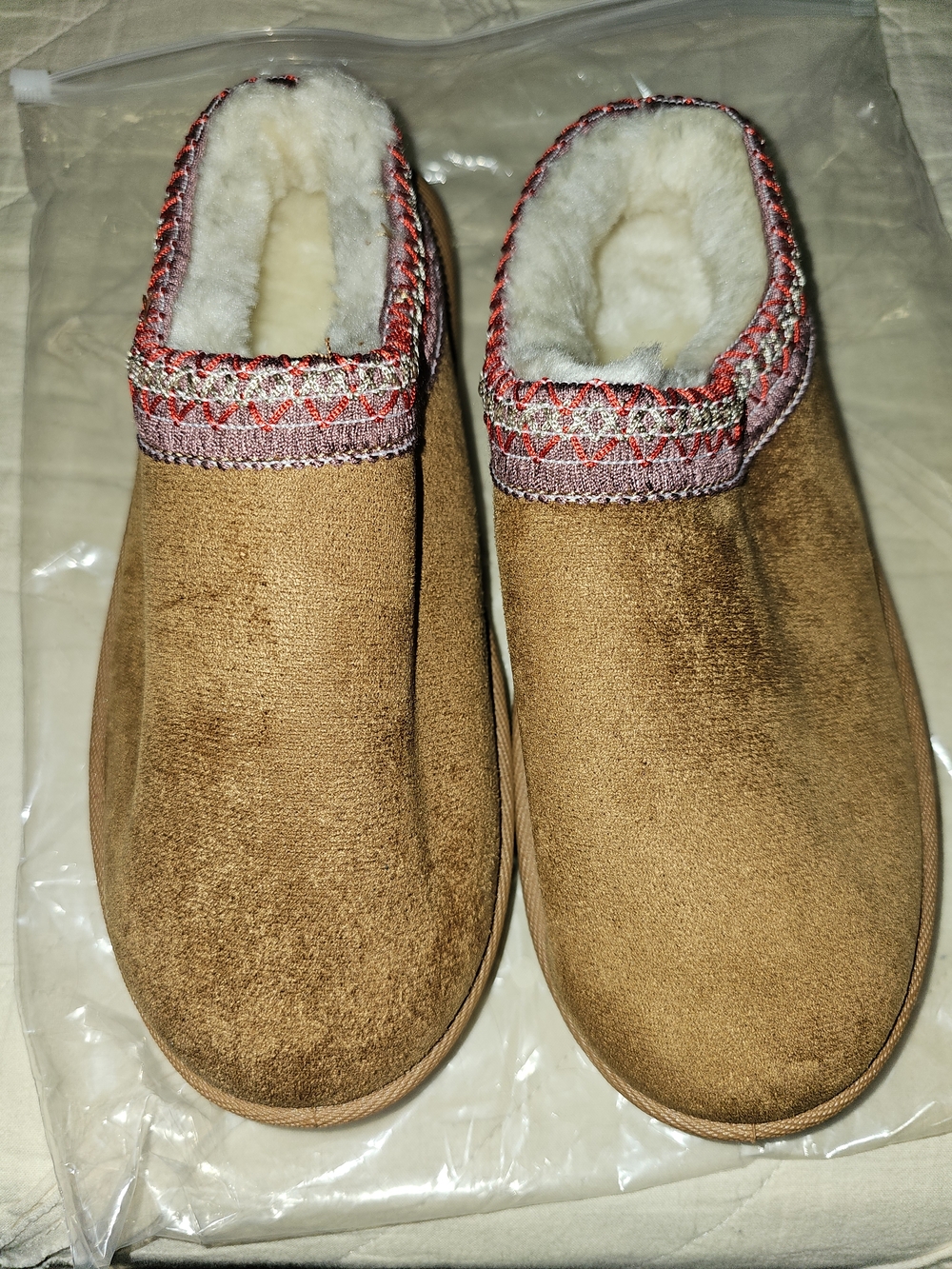 Cozy Faux-Suede Slip-On Shoes in Camel with Red Trim